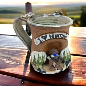 VTG 3D handmade mug cup I love hunting clay pottery 4 inches